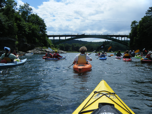 Sojourners approach the Narrowsburg Bridge on the 2012 Delaware River Sojourn. Photo by Sandy Schultz.
